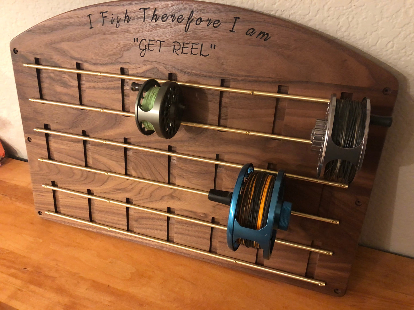 Custom Fly Fishing Reel Holder - Walnut and Brass- 21 Reel Version